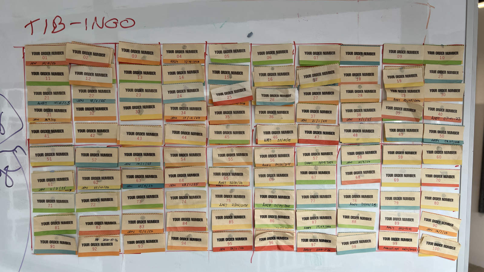 Photo of a whiteboard showing a completed 10 by 10 grid of order slips from Tibet Kitchen going from 1 to 100